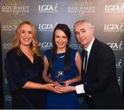 6 April 2018; Aisling Sorohan of Athlone Institute of Technology, Co Dublin, receiving her Gourmet Food Parlour LGFA HEC Rising Star Award from Donal Barry, Chairperson Ladies HEC, and Lorraine Heskin, MD Gourmet Food Parlour, at the Croke Park Hotel on Friday, April 6th. The Gourmet Food Parlour LGFA HEC Rising Stars recognised the best performers in the fourth, fifth and sixth tier competitions. GFP O’Connor Cup weekend was recently hosted by IT Blanchardstown and the GAA’s National Games Development Centre in Abbotstown. The Croke Park Hotel in Dublin, Jones' Road, Dublin. Photo by David Fitzgerald/Sportsfile