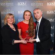 6 April 2018; Shauna Howley of University of Limerick, Co Limerick, receiving her Gourmet Food Parlour O’Connor Cup All Star Award from Marie Hickey, President of the LGFA, and Donal Barry, Chairperson Ladies HEC, at the Croke Park Hotel on Friday, April 6th. The Gourmet Food Parlour O’Connor Cup All Star team featured performers from the GFP O’Connor, Giles and Lynch Cup competitions. GFP O’Connor Cup weekend was recently hosted by IT Blanchardstown and the GAA’s National Games Development Centre in Abbotstown. The Croke Park Hotel in Dublin, Jones' Road, Dublin. Photo by David Fitzgerald/Sportsfile
