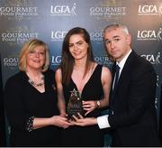 6 April 2018; Maria Curley of University of Limerick, Co Limerick, receiving her Gourmet Food Parlour O’Connor Cup All Star Award from Marie Hickey, President of the LGFA, and Donal Barry, Chairperson Ladies HEC, at the Croke Park Hotel on Friday, April 6th. The Gourmet Food Parlour O’Connor Cup All Star team featured performers from the GFP O’Connor, Giles and Lynch Cup competitions. GFP O’Connor Cup weekend was recently hosted by IT Blanchardstown and the GAA’s National Games Development Centre in Abbotstown. The Croke Park Hotel in Dublin, Jones' Road, Dublin. Photo by David Fitzgerald/Sportsfile