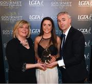 6 April 2018; Eimear Scally of University of Limerick, Co Limerick, receiving her Gourmet Food Parlour O’Connor Cup All Star Award from Marie Hickey, President of the LGFA, and Donal Barry, Chairperson Ladies HEC, at the Croke Park Hotel on Friday, April 6th. The Gourmet Food Parlour O’Connor Cup All Star team featured performers from the GFP O’Connor, Giles and Lynch Cup competitions. GFP O’Connor Cup weekend was recently hosted by IT Blanchardstown and the GAA’s National Games Development Centre in Abbotstown. The Croke Park Hotel in Dublin, Jones' Road, Dublin. Photo by David Fitzgerald/Sportsfile