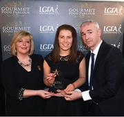 6 April 2018; Emer Ní Éafa of Dublin City University, Co Dublin, receiving her Gourmet Food Parlour O’Connor Cup All Star Award from Marie Hickey, President of the LGFA, and Donal Barry, Chairperson Ladies HEC, at the Croke Park Hotel on Friday, April 6th. The Gourmet Food Parlour O’Connor Cup All Star team featured performers from the GFP O’Connor, Giles and Lynch Cup competitions. GFP O’Connor Cup weekend was recently hosted by IT Blanchardstown and the GAA’s National Games Development Centre in Abbotstown. The Croke Park Hotel in Dublin, Jones' Road, Dublin. Photo by David Fitzgerald/Sportsfile