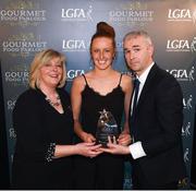 6 April 2018; Aishling Moloney of Dublin City University, Co Dublin, receiving her Gourmet Food Parlour O’Connor Cup All Star Award from Marie Hickey, President of the LGFA, and Donal Barry, Chairperson Ladies HEC, at the Croke Park Hotel on Friday, April 6th. The Gourmet Food Parlour O’Connor Cup All Star team featured performers from the GFP O’Connor, Giles and Lynch Cup competitions. GFP O’Connor Cup weekend was recently hosted by IT Blanchardstown and the GAA’s National Games Development Centre in Abbotstown. The Croke Park Hotel in Dublin, Jones' Road, Dublin. Photo by David Fitzgerald/Sportsfile