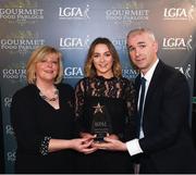 6 April 2018; Laura McGinley of Dublin City University, Co Dublin, receiving her Gourmet Food Parlour O’Connor Cup All Star Award from Marie Hickey, President of the LGFA, and Donal Barry, Chairperson Ladies HEC, at the Croke Park Hotel on Friday, April 6th. The Gourmet Food Parlour O’Connor Cup All Star team featured performers from the GFP O’Connor, Giles and Lynch Cup competitions. GFP O’Connor Cup weekend was recently hosted by IT Blanchardstown and the GAA’s National Games Development Centre in Abbotstown. The Croke Park Hotel in Dublin, Jones' Road, Dublin. Photo by David Fitzgerald/Sportsfile