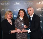 6 April 2018; Leah Caffrey of Dublin City University, Co Dublin, receiving her Gourmet Food Parlour O’Connor Cup All Star Award from Marie Hickey, President of the LGFA, and Donal Barry, Chairperson Ladies HEC, at the Croke Park Hotel on Friday, April 6th. The Gourmet Food Parlour O’Connor Cup All Star team featured performers from the GFP O’Connor, Giles and Lynch Cup competitions. GFP O’Connor Cup weekend was recently hosted by IT Blanchardstown and the GAA’s National Games Development Centre in Abbotstown. The Croke Park Hotel in Dublin, Jones' Road, Dublin. Photo by David Fitzgerald/Sportsfile