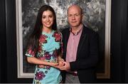 6 April 2018; Claire Canavan, St Mary’s Belfast and Tyrone, after receiving her Gourmet Food Parlour LGFA HEC Rising Star award at the Croke Park Hotel on Friday, April 6th. Claire is pictured with her father, Peter, the former Tyrone All-Ireland winning senior footballer. The Gourmet Food Parlour LGFA HEC Rising Stars and O’Connor Cup All Stars recognised the best performers from the GFP O’Connor Cup weekend, recently hosted by IT Blanchardstown and the GAA’s National Games Development Centre in Abbotstown. The Croke Park Hotel in Dublin, Jones' Road, Dublin. Photo by David Fitzgerald/Sportsfile