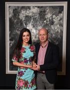 6 April 2018; Claire Canavan, St Mary’s Belfast and Tyrone, after receiving her Gourmet Food Parlour LGFA HEC Rising Star award at the Croke Park Hotel on Friday, April 6th. Claire is pictured with her father, Peter, the former Tyrone All-Ireland winning senior footballer. The Gourmet Food Parlour LGFA HEC Rising Stars and O’Connor Cup All Stars recognised the best performers from the GFP O’Connor Cup weekend, recently hosted by IT Blanchardstown and the GAA’s National Games Development Centre in Abbotstown. The Croke Park Hotel in Dublin, Jones' Road, Dublin. Photo by David Fitzgerald/Sportsfile