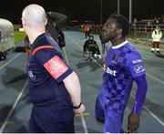 6 April 2018; Stanley Aborah of Waterford FC reacts after he was sent off by referee Robert Rogers during the SSE Airtricity League Premier Division match between Waterford FC and Cork City at the RSC in Waterford. Photo by Matt Browne/Sportsfile