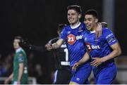 6 April 2018; Courtney Duffus, right, of Waterford FC celebrates with team-mate Gavin Holohan after he scored the winning goal during the SSE Airtricity League Premier Division match between Waterford FC and Cork City at the RSC in Waterford. Photo by Matt Browne/Sportsfile