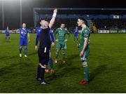 6 April 2018; Garry Buckley of Cork City is shown a red card by referee Robert Rogers during the SSE Airtricity League Premier Division match between Waterford FC and Cork City at the RSC in Waterford. Photo by Matt Browne/Sportsfile