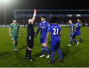 6 April 2018; Bastien Hery of Waterford FC is shown a red card by referee Robert Rogers during the SSE Airtricity League Premier Division match between Waterford FC and Cork City at the RSC in Waterford. Photo by Matt Browne/Sportsfile