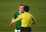 5 April 2018; Saoirse Noonan of Republic of Ireland protests to referee Elvira Nurmustafina during the UEFA Women's U19 European Championship Elite Round Qualifier match between Spain and Republic of Ireland at Turners Cross in Cork. Photo by Eóin Noonan/Sportsfile