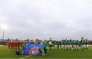 5 April 2018; Republic of Ireland players stand for the National Anthems ahead of the UEFA Women's U19 European Championship Elite Round Qualifier match between Spain and Republic of Ireland at Turners Cross in Cork. Photo by Eóin Noonan/Sportsfile