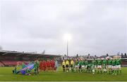 5 April 2018; Players from both teams ahead of the UEFA Women's U19 European Championship Elite Round Qualifier match between Spain and Republic of Ireland at Turners Cross in Cork. Photo by Eóin Noonan/Sportsfile