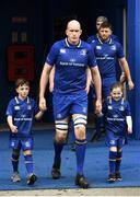 7 April 2018; Matchday mascots 7 year old Eve Kilcline, from Goatstown, Dublin, and 9 year old Jonathan O’Donnell, from Coolmine, Dublin, with Leinster captain Devin Toner ahead of the Guinness PRO14 Round 19 match bewteen Leinster and Zebre at the RDS Arena in Dublin. Photo by Ramsey Cardy/Sportsfile