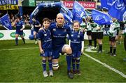 7 April 2018; Matchday mascots 7 year old Eve Kilcline, from Goatstown, Dublin, and 9 year old Jonathan O’Donnell, from Coolmine, Dublin, with Leinster captain Devin Toner ahead of the Guinness PRO14 Round 19 match bewteen Leinster and Zebre at the RDS Arena in Dublin. Photo by Ramsey Cardy/Sportsfile