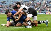 7 April 2018; James Lowe of Leinster scores his side's first try despite the tackle of Jacopo Sarto, left, and Gabriele Di Giulio of Zebre during the Guinness PRO14 Round 19 match between Leinster and Zebre at the RDS Arena in Dublin. Photo by Ramsey Cardy/Sportsfile