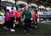 6 April 2018; Fourth official Paula Brady leads the sides out prior to the 2019 FIFA Women's World Cup Qualifier match between Republic of Ireland and Slovakia at Tallaght Stadium in Tallaght, Dublin. Photo by Stephen McCarthy/Sportsfile