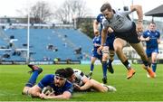 7 April 2018; Max Deegan of Leinster scores his side's fourth try during the Guinness PRO14 Round 19 match between Leinster and Zebre at the RDS Arena in Dublin. Photo by Ramsey Cardy/Sportsfile