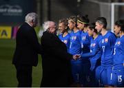 6 April 2018; President of Ireland Michael D Higgins meets the Slovakia team, including Mária Mikolajová, 17, prior to the 2019 FIFA Women's World Cup Qualifier match between Republic of Ireland and Slovakia at Tallaght Stadium in Tallaght, Dublin. Photo by Stephen McCarthy/Sportsfile