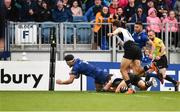 7 April 2018; Max Deegan of Leinster scores his side's fourth try during the Guinness PRO14 Round 19 match between Leinster and Zebre at the RDS Arena in Dublin. Photo by Sam Barnes/Sportsfile