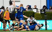 7 April 2018; James Lowe of Leinster scores his side's fifth try during the Guinness PRO14 Round 19 match between Leinster and Zebre at the RDS Arena in Dublin. Photo by Ramsey Cardy/Sportsfile