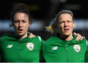 6 April 2018; Republic of Ireland players Karen Duggan, left, and Diane Caldwell prior to the 2019 FIFA Women's World Cup Qualifier match between Republic of Ireland and Slovakia at Tallaght Stadium in Tallaght, Dublin. Photo by Stephen McCarthy/Sportsfile