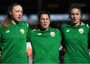 6 April 2018; Republic of Ireland players, from left, Louise Quinn, Niamh Fahey and Karen Duggan during the 2019 FIFA Women's World Cup Qualifier match between Republic of Ireland and Slovakia at Tallaght Stadium in Tallaght, Dublin. Photo by Stephen McCarthy/Sportsfile