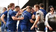 7 April 2018; Bryan Byrne of Leinster, centre, is congratulated by Nick McCarthy and teammates after scoring his side's sixth try during the Guinness PRO14 Round 19 match between Leinster and Zebre at the RDS Arena in Dublin. Photo by Sam Barnes/Sportsfile