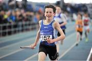 7 April 2018; David Mannion of South Galway AC, crosses the line to win the Under 14 Boys 4x200m relay team event, during the Irish Life Health National Juvenile Indoor Championships day 1 at Athlone IT in Athlone, Co Westmeath. Photo by Tomás Greally/Sportsfile