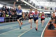 7 April 2018; Riona Doherty, left, Finn Valley AC, Co. Donegal, crosses the line to win the Under 12 Girls 4x100m relay team event, during the Irish Life Health National Juvenile Indoor Championships day 1 at Athlone IT in Athlone, Co Westmeath. Photo by Tomás Greally/Sportsfile