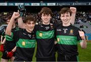 7 April 2018; Holy Trinity College players, from left, Mark McKearney, Mark Devlin, and Oran Mulgrew celebrate after the Masita GAA All Ireland Post Primary Schools Paddy Drummond Cup Final match between St Nathy's College Ballaghaderreen and Holy Trinity College Cookstown at Croke Park in Dublin. Photo by Piaras Ó Mídheach/Sportsfile