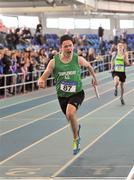 7 April 2018; Kyle Dooley of Templemore AC, Co Tipperary, celebrates winning the Under 16 Boys 4x200m relay team event, during the Irish Life Health National Juvenile Indoor Championships day 1 at Athlone IT in Athlone, Co Westmeath. Photo by Tomás Greally/Sportsfile