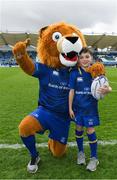 7 April 2018; Matchday mascot 9 year old Jonathan O’Donnell, from Coolmine, Dublin, with Leo The Lion ahead of the Guinness PRO14 Round 19 match bewteen Leinster and Zebre at the RDS Arena in Dublin. Photo by Ramsey Cardy/Sportsfile