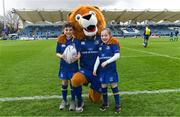 7 April 2018; Matchday mascots 7 year old Eve Kilcline, from Goatstown, Dublin, and 9 year old Jonathan O’Donnell, from Coolmine, Dublin, with Leo The Lion ahead of the Guinness PRO14 Round 19 match bewteen Leinster and Zebre at the RDS Arena in Dublin. Photo by Ramsey Cardy/Sportsfile