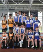 7 April 2018; Under 14 Boys 4x200m relay team medallists, from left, Leevale AC, bronze, South Galway AC, gold, and Finn Valley AC, Co. Donegal, silver, during the Irish Life Health National Juvenile Indoor Championships Day 1 at Athlone IT in Athlone, Westmeath. Photo by Tomás Greally/Sportsfile