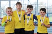 7 April 2018; Silver medallists in the Under 12  Boys 4x100m relay team event, of Loughrea AC, Co. Galway, from left, Zach Lawless, Darragh Fahy, Keegan Connaire and Eanna Cooney, during the Irish Life Health National Juvenile Indoor Championships Day 1 at Athlone IT in Athlone, Westmeath. Photo by Tomás Greally/Sportsfile