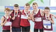 7 April 2018; Gold medallists in the Under 12 Boys 4x100m relay team event, of Mullingar Harriers AC, Co. Westmeath, from left, Jamie Wallace, Kyle Faherty, Conor Liston, Criostoir Ormsby and James Flynn, during the Irish Life Health National Juvenile Indoor Championships Day 1 at Athlone IT in Athlone, Westmeath. Photo by Tomás Greally/Sportsfile