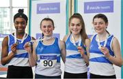 7 April 2018; Silver medal finishers in the Under 16 Girls 4x200m relay team event, from St Laurence O'Toole AC, Co Carlow, from left, Damilola Adesina, Zoe Garrigan, Lynsey Ward and Aoife Ryan, during the Irish Life Health National Juvenile Indoor Championships Day 1 at Athlone IT in Athlone, Westmeath. Photo by Tomás Greally/Sportsfile