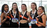 7 April 2018; Bronze medal finishers in the Under 16 Girls 4x200m relay team event, from Clonliffe Harriers AC, Co. Dublin, from left, Alex Toomey, Blaise Hogan Kristin Hogan, Emma McDonnell and Holly Roche, during the Irish Life Health National Juvenile Indoor Championships Day 1 at Athlone IT in Athlone, Westmeath. Photo by Tomás Greally/Sportsfile