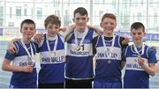 7 April 2018; Silver medal finishers in the Under 14 Boys 4x200m relay team event, from Finn Valley AC, Co. Donegal, from left,  Patrick Murphy, Blaine Lynch, Daniel McCabe, Bobby Hennigan and Conor Murphy, during the Irish Life Health National Juvenile Indoor Championships Day 1 at Athlone IT in Athlone, Westmeath. Photo by Tomás Greally/Sportsfile