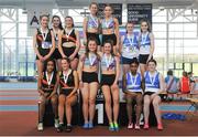 7 April 2018; Under 16 Girls 4x200m relay team medallists, from left, Clonliffe Harriers AC, Co. Dublin, bronze, Dundrum South Dublin AC, gold, and St Laurence O'Toole AC, Co Carlow, silver, during the Irish Life Health National Juvenile Indoor Championships Day 1 at Athlone IT in Athlone, Westmeath. Photo by Tomás Greally/Sportsfile