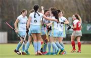 8 April 2018; Emma Russell of UCD is congratulated by teammates after scoring her side's first goal during the Women's Irish Senior Cup Final match between UCD and Pegasus at the National Hockey Stadium in UCD, Dublin. Photo by David Fitzgerald/Sportsfile