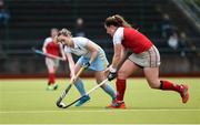 8 April 2018; Leah McGuire of UCD in action against Hannah Grieve of Pegasus during the Women's Irish Senior Cup Final match between UCD and Pegasus at the National Hockey Stadium in UCD, Dublin. Photo by David Fitzgerald/Sportsfile