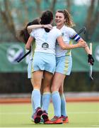 8 April 2018; Abbie Russell of UCD is congratulated by teammates Deirdre Duke, right, and Katherine Egan after scoring her side's second goal during the Women's Irish Senior Cup Final match between UCD and Pegasus at the National Hockey Stadium in UCD, Dublin. Photo by David Fitzgerald/Sportsfile