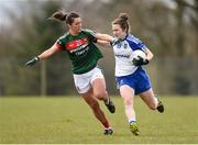 8 April 2018; Rosemary Courtney of Monaghan in action against Orla Conlon of Mayo during the Lidl Ladies Football National League Division 1 Round 5 match between Mayo and Monaghan at Swinford Amenity Park in Kiltimagh Road, Swinford, Co. Mayo. Photo by Eóin Noonan/Sportsfile