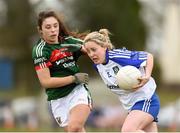 8 April 2018; Ciara McAnespie of Monaghan in action against Roisin Flynn of Mayo during the Lidl Ladies Football National League Division 1 Round 5 match between Mayo and Monaghan at Swinford Amenity Park in Kiltimagh Road, Swinford, Co. Mayo. Photo by Eóin Noonan/Sportsfile