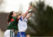 8 April 2018; Ciara McAnespie of Monaghan in action against Roisin Flynn of Mayo during the Lidl Ladies Football National League Division 1 Round 5 match between Mayo and Monaghan at Swinford Amenity Park in Kiltimagh Road, Swinford, Co. Mayo. Photo by Eóin Noonan/Sportsfile