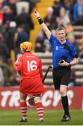 8 April 2018; Cork goalkeeper Aoife Murray receives a red card from referee Ray Kelly during the Littlewoods Ireland Camogie League Division 1 Final match between Kilkenny and Cork at Nowlan Park in Kilkenny. Photo by Stephen McCarthy/Sportsfile
