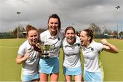 8 April 2018; UCD players, from left, Sarah Robinson, Deirdre Duke, Katie Mullan and Leah McGuire celebrate following the Women's Irish Senior Cup Final match between UCD and Pegasus at the National Hockey Stadium in UCD, Dublin. Photo by David Fitzgerald/Sportsfile