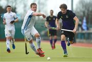 8 April 2018; Kirk Shimmins of Pembroke Wanderers in action against Luke Madeley of Three Rock Rovers during the Men's Irish Senior Cup Final match between Three Rock Rovers and Pembroke Wanderers at the National Hockey Stadium in UCD, Dublin.  Photo by David Fitzgerald/Sportsfile